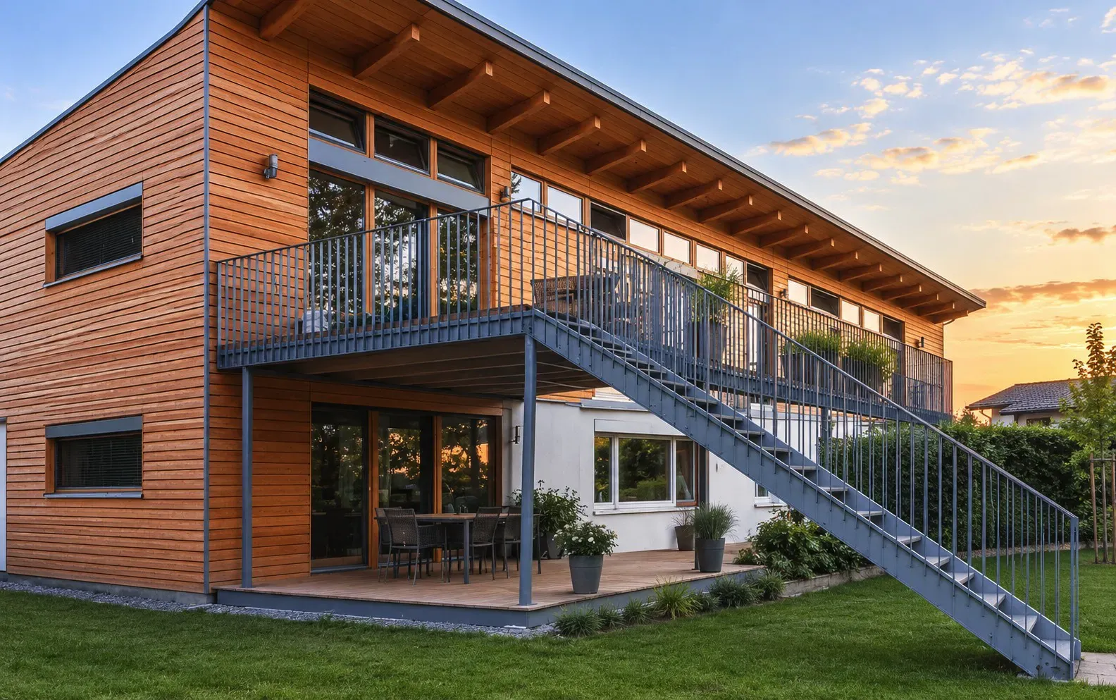 Gartenseite mit Stahlbalkon